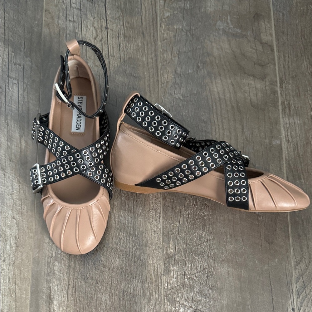 Steve Madden Women's Beige Flats with Black Studded Straps